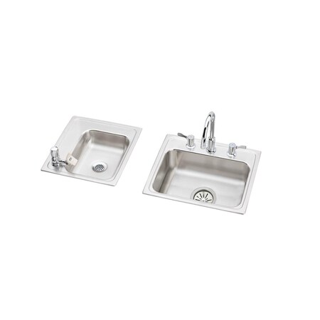 Elkay Lustertone Stainless Steel 34X17X4-1/2 Double Bowl Top Mount Classroom Ada Sink + Faucet/Bubbler Kit DRKAD2341745LC